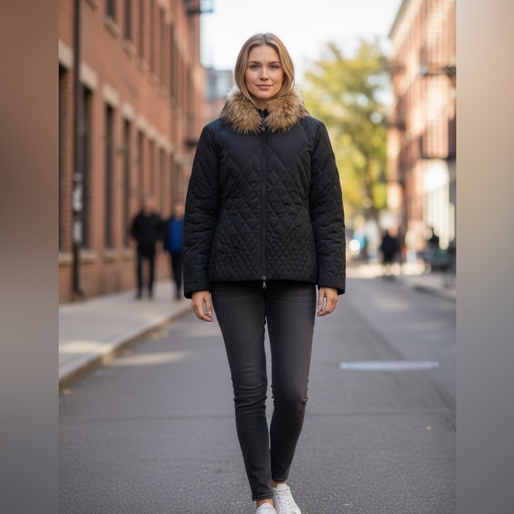 Larry Levine Black Quilted Down Puffer Jacket with Authentic Fox Fur Women’s S